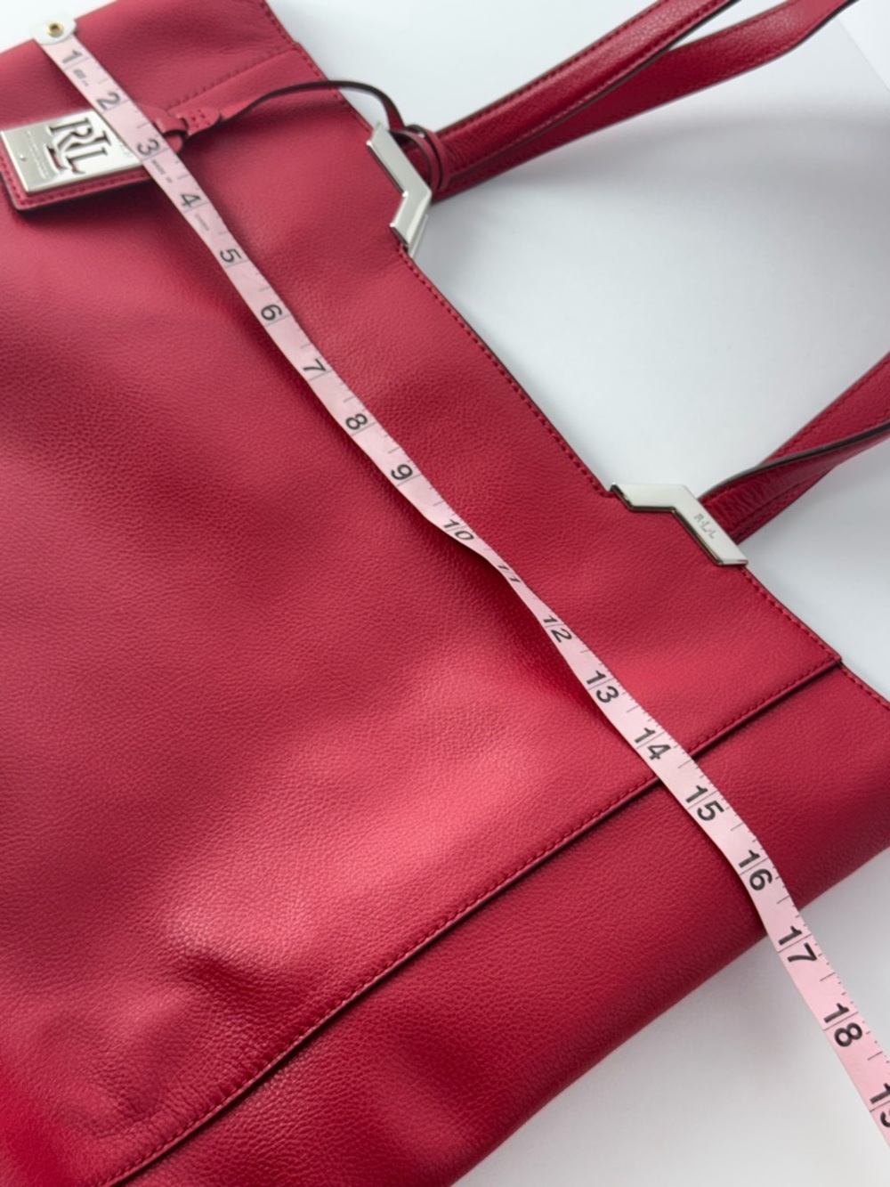 Ralph Lauren Arlington Tote Bag Red Cow Leather Sleek Shopper Silver Accents - Picture 13 of 16